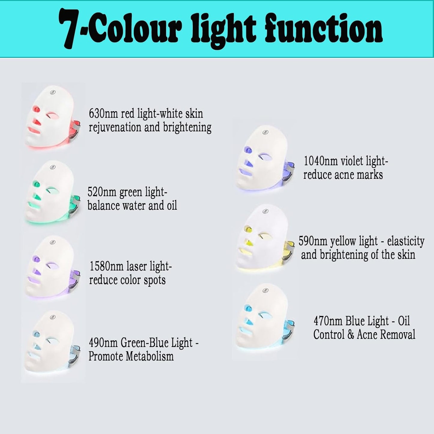 7 Farbe Led Maske, Led Gesichtsmaske, Photon Therapie Maske, Lichttherapie (Weiss)