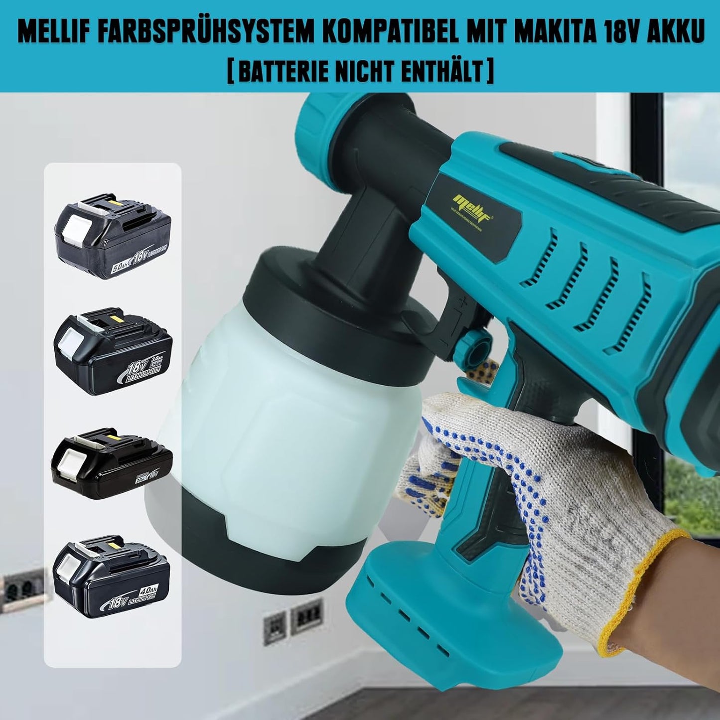Mellif Akku Farbsprühsystem für Makita Akku 18V,(Ohne Akku) Förderleistung 1000 ml/min, 800 ml Behälter, mit 3 Düsen