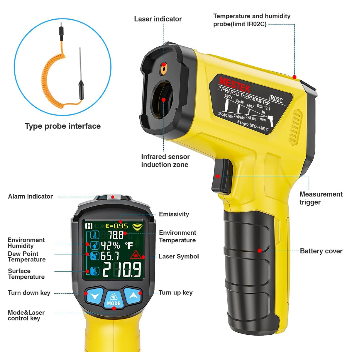 MESTEK Infrarot Thermometer Laser mit K-Sonde IR Pyrometer -50°C bis 800°C