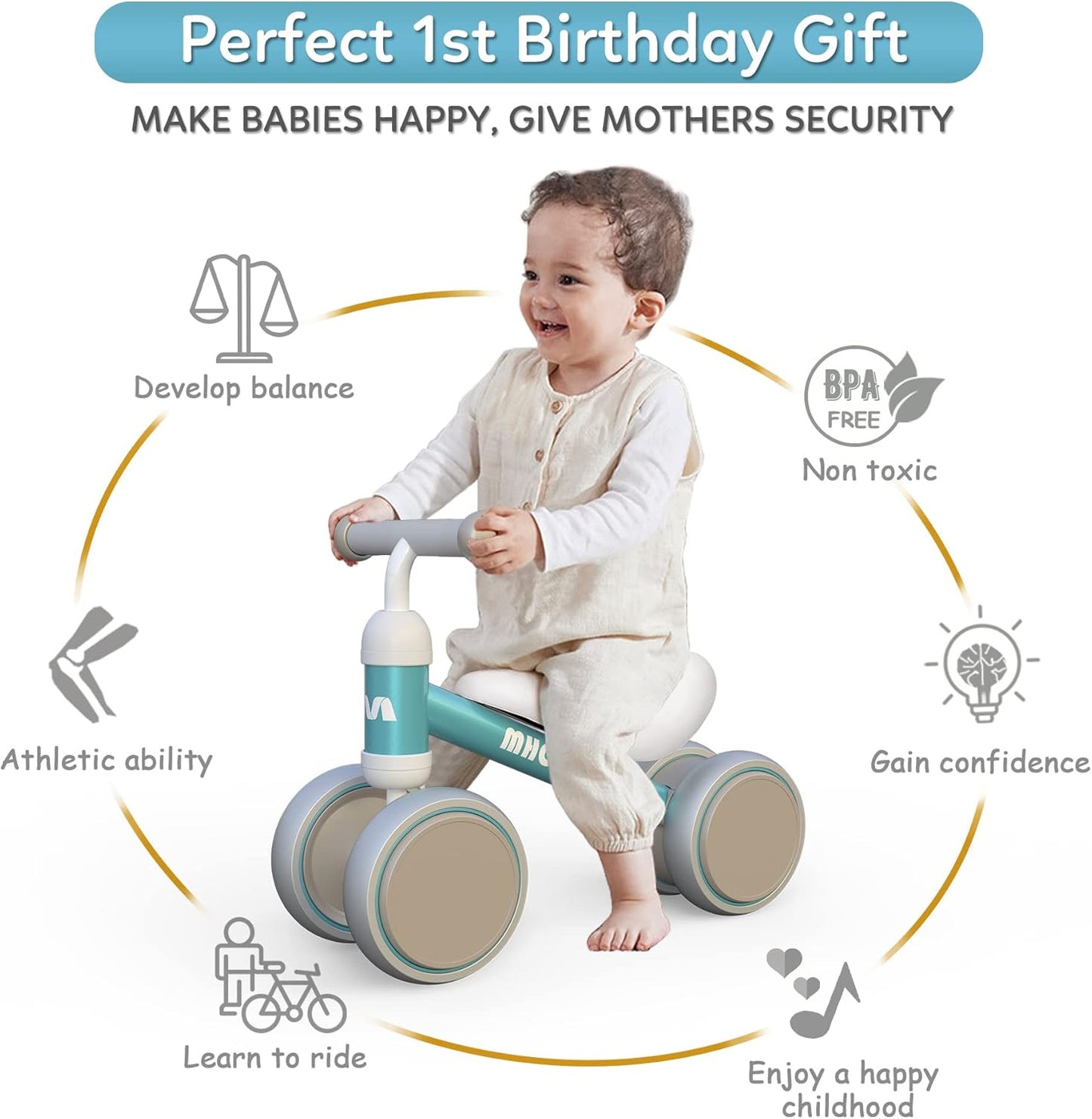 MHCYLION Kinder Laufrad Balance mit 4 Räder für 10-24 Monate Baby Grün