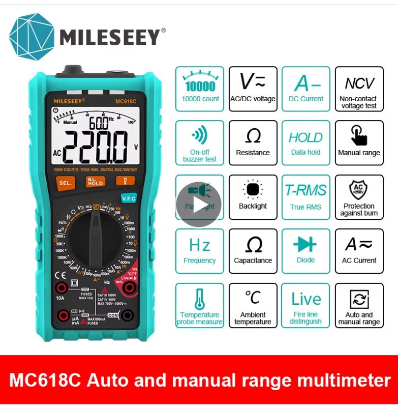Multimètre Mileseey Mc618c, voltmètre AC/DC 10 000 points
