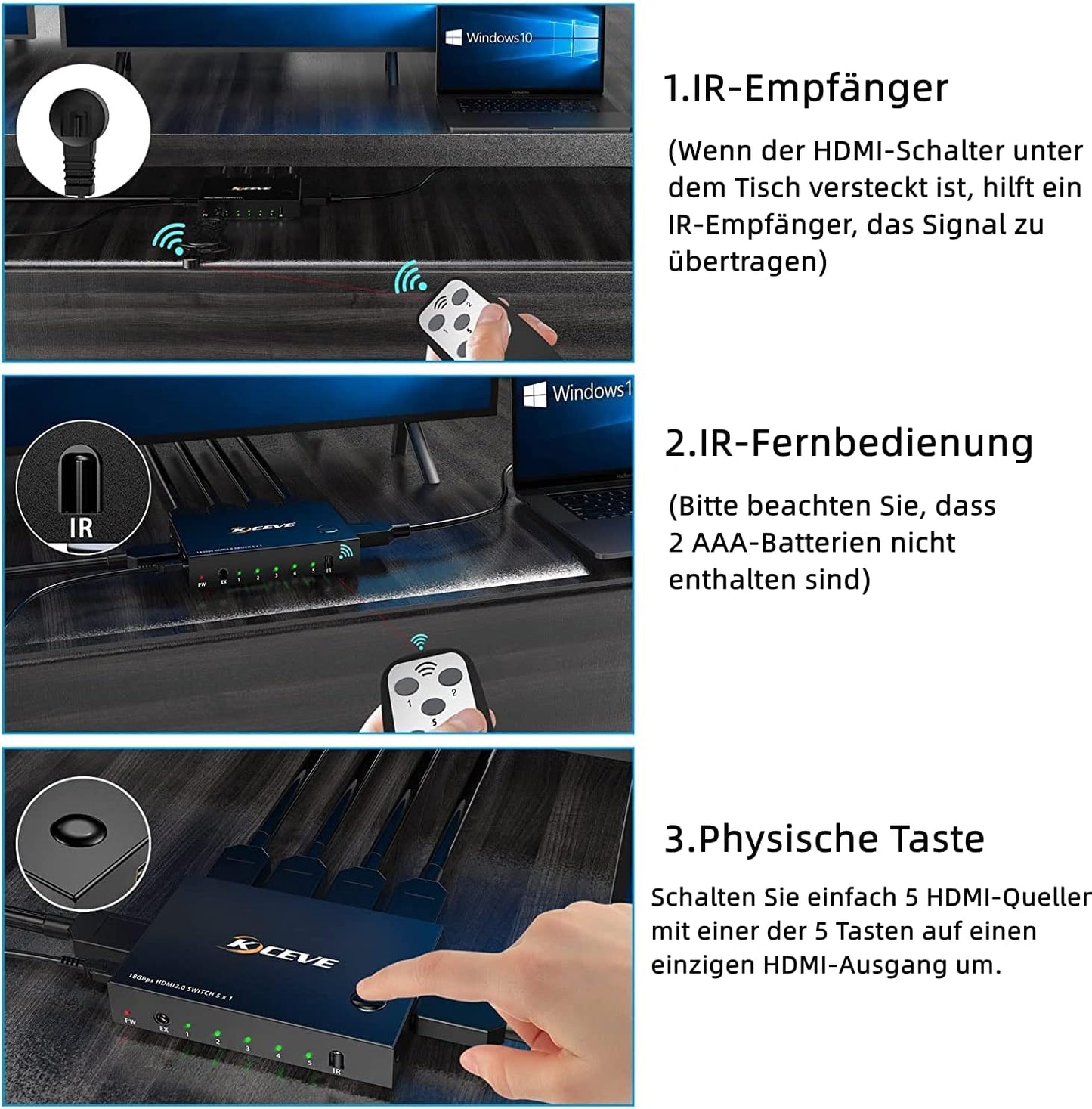 MLEEDA HDMI-Switch 4K 60Hz 5 in 1 Out, HDMI-Switch unterstützt 4K DR