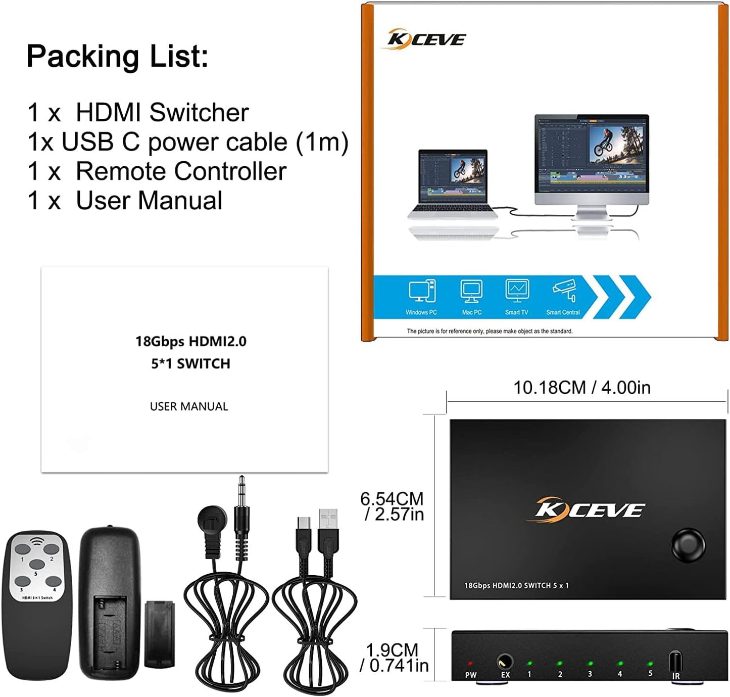 MLEEDA HDMI-Switch 4K 60Hz 5 in 1 Out, HDMI-Switch unterstützt 4K DR