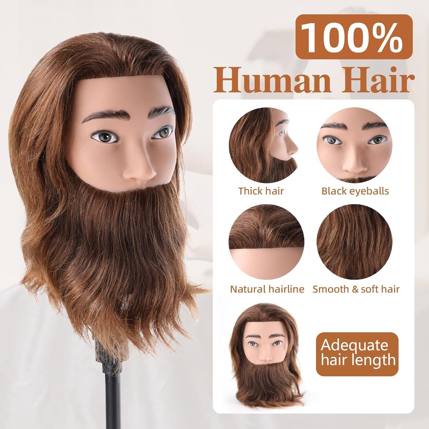 Anstar Mann Frisierkopf 100% Echthaar mit Bart Tischklemme + Kammsatz(19 Zoll)