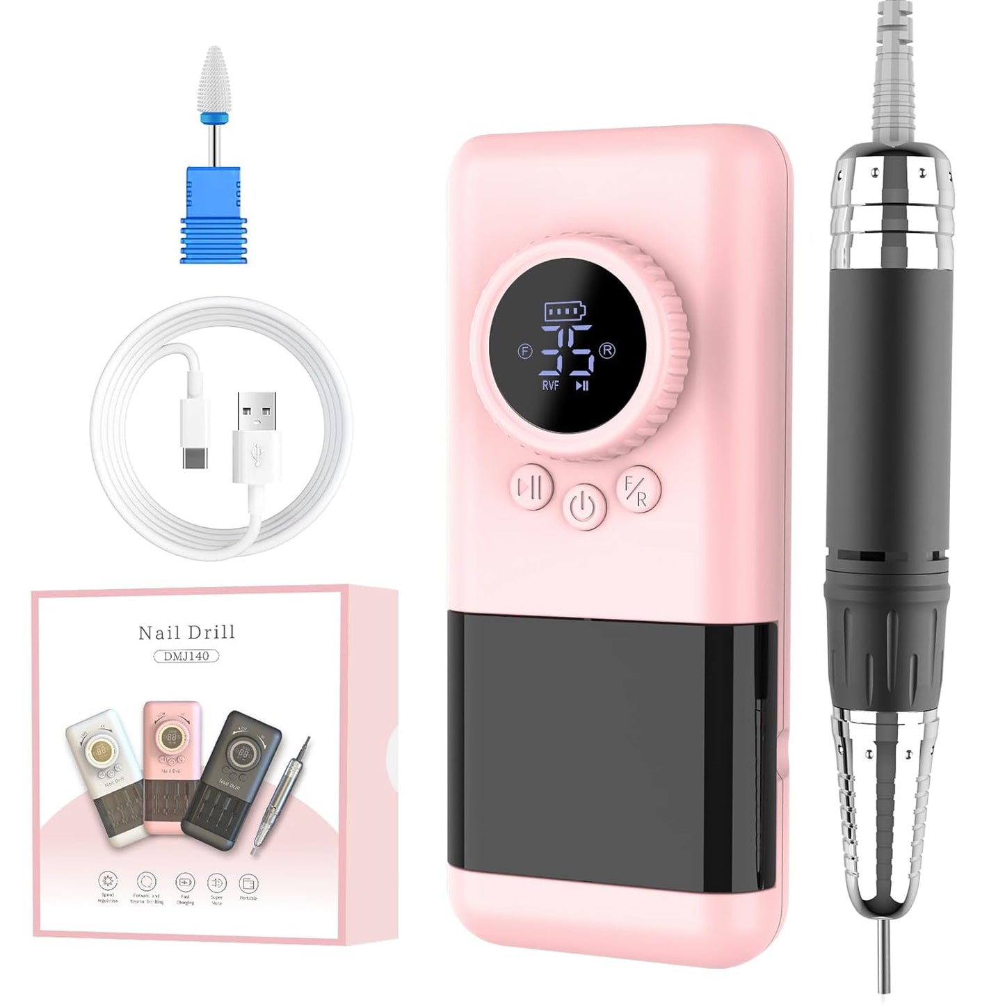 ISBESTON Tragbare elektrische Nagelbohrmaschine mit integriertem Bohrer-Organizer, wiederaufladbarer Efile Nagelbohrer, einstellbare Geschwindigkeit bis zu 35000 U/min