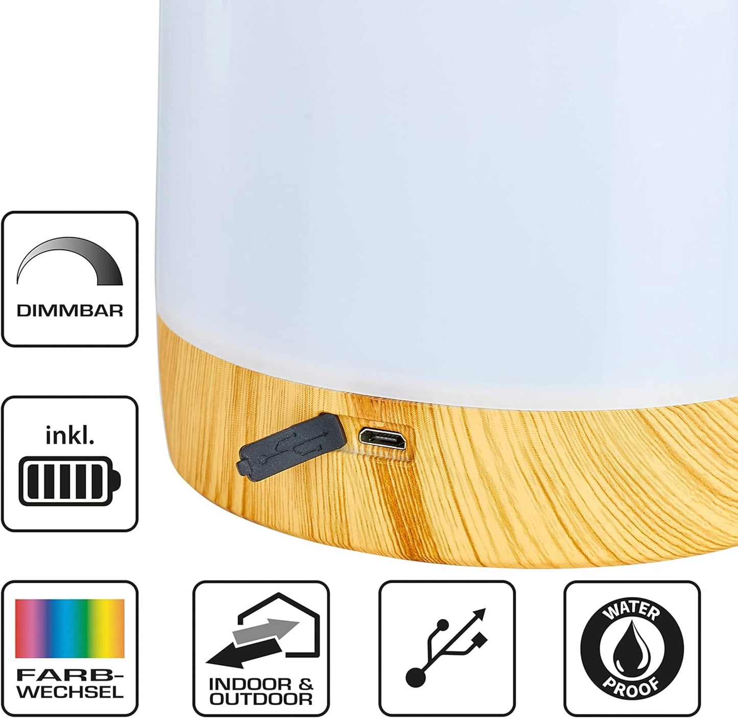 Northpoint LED Tischlampe Nachttischlampe Tischleuchte Laterne Outdoor Lampe ohne Akku mit Tragegriff Farbwechsel Warmweiß jetzt mit Kabel zu empfangen (Holz/Weiß)