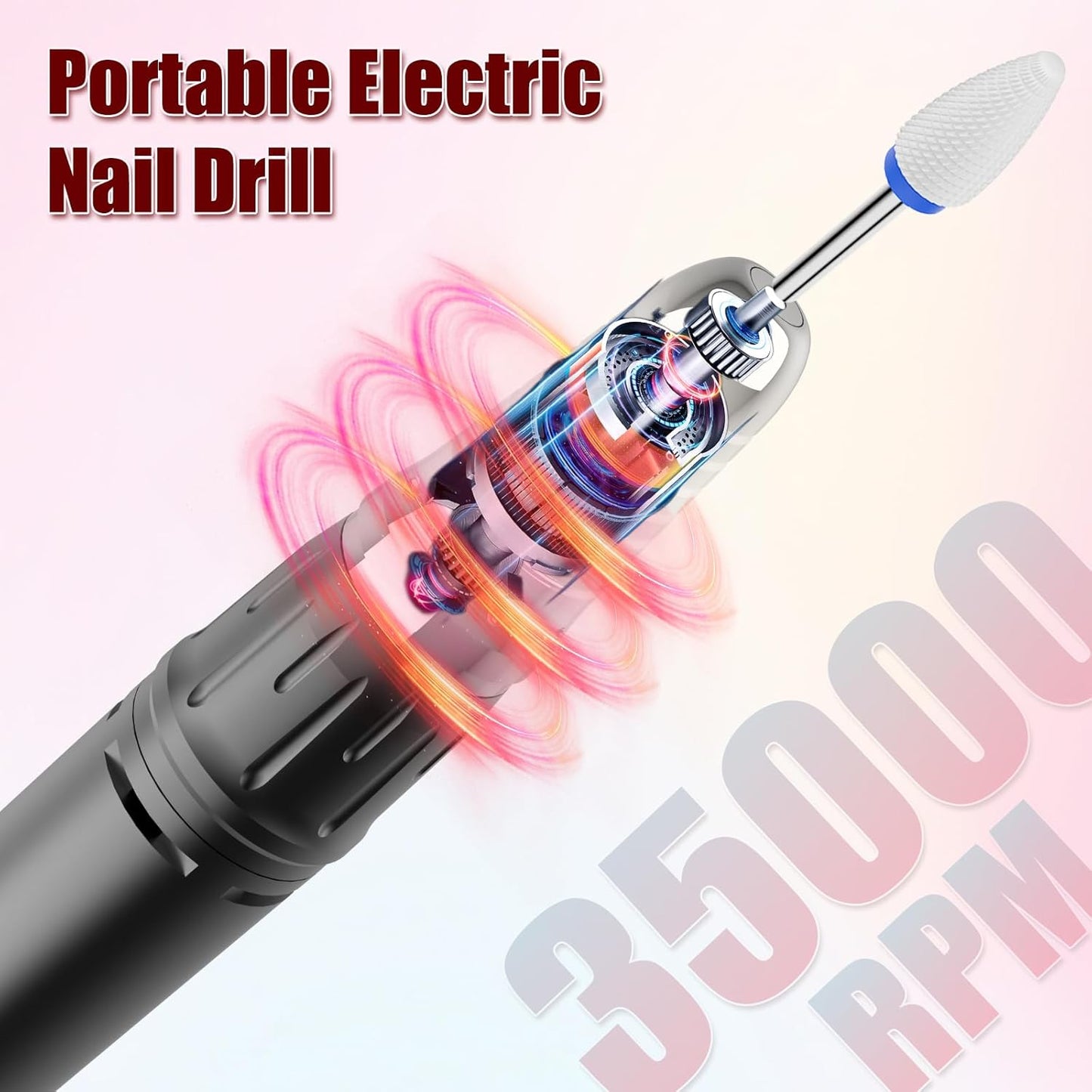 ISBESTON Tragbare elektrische Nagelbohrmaschine mit integriertem Bohrer-Organizer, wiederaufladbarer Efile Nagelbohrer, einstellbare Geschwindigkeit bis zu 35000 U/min