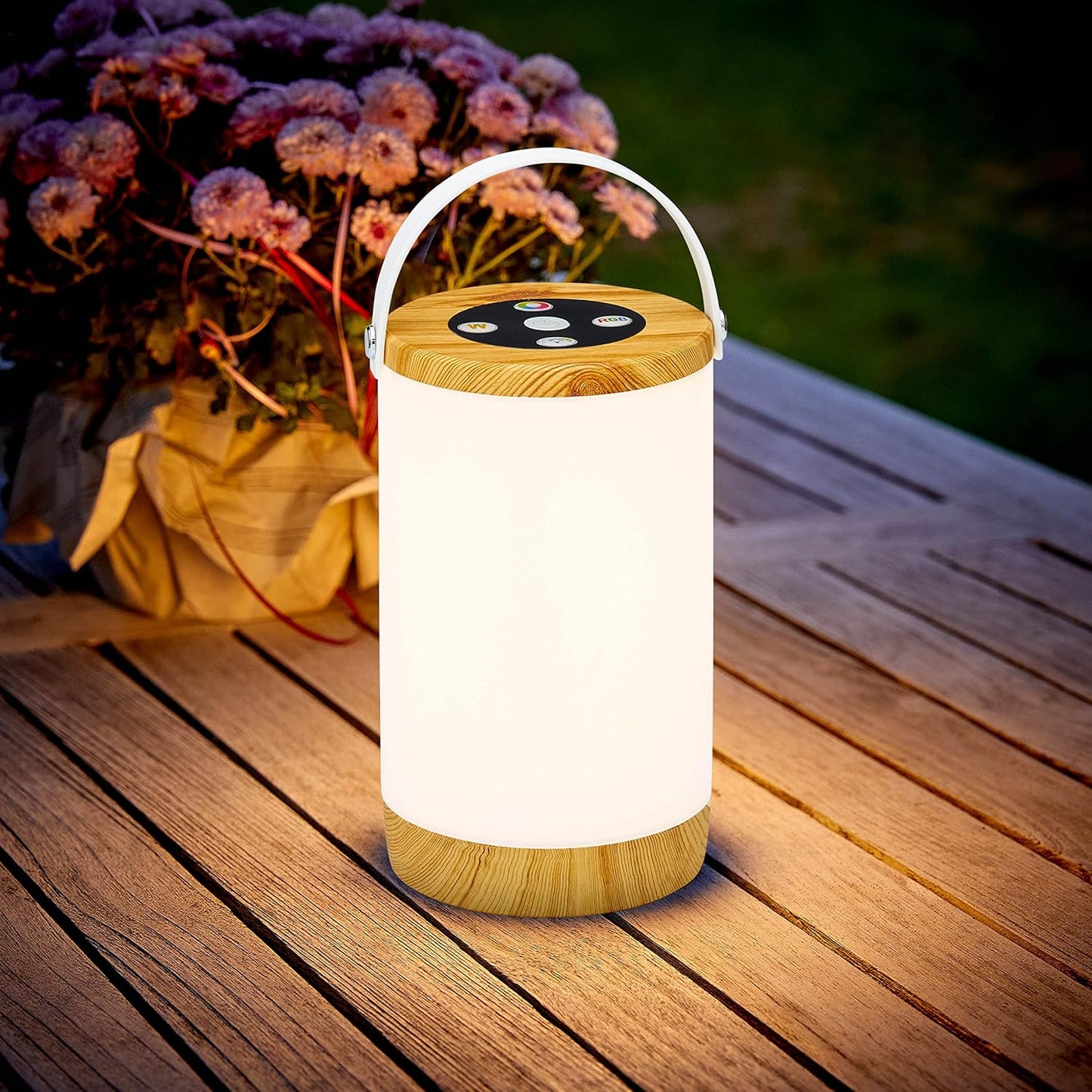 Northpoint LED Tischlampe Nachttischlampe Tischleuchte Laterne Outdoor Lampe ohne Akku mit Tragegriff Farbwechsel Warmweiß jetzt mit Kabel zu empfangen (Holz/Weiß)