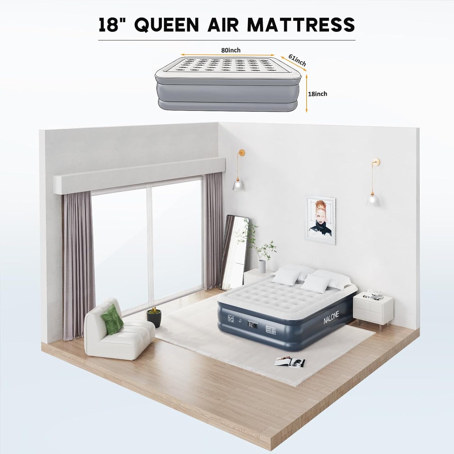 NALONE Luftmatratze 2 Personen, Selbstaufblasend mit Integrierter Pumpe, 203x152x46cm