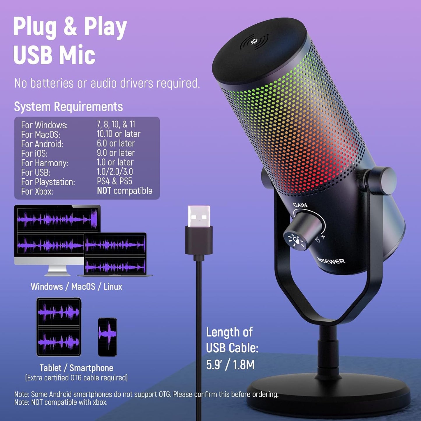 NEEWER Gaming-Mikrofon, Mirco USB mit RGB-Lichteffekt,Plug & Play, für PC Mac PS4 PS5