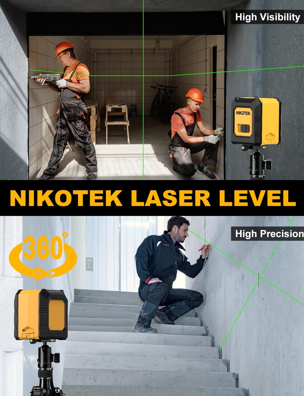 NIKOTEK Kreuzlinienlaser, Laser Wasserwaage kein Stativ (Vertikale/Horizontale Grün Laser, 15 m,Schutztasche)