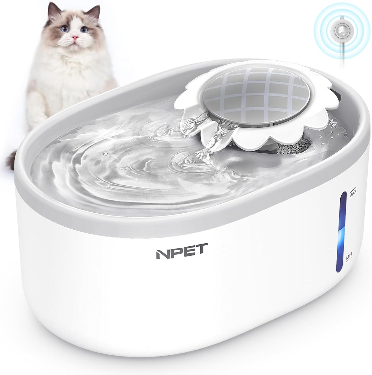 NPET Katzenbrunnen mit Sensor, 2L Trinkbrunnen für Katze mit LED-Licht, Trinkbrunnen für Katzen und Hunde mit Ultraleise Pumpe