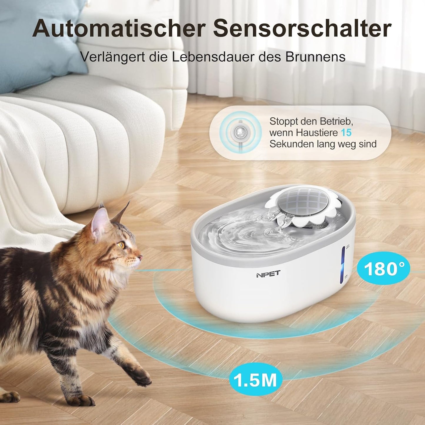 NPET Katzenbrunnen mit Sensor, 2L Trinkbrunnen für Katze mit LED-Licht, Trinkbrunnen für Katzen und Hunde mit Ultraleise Pumpe