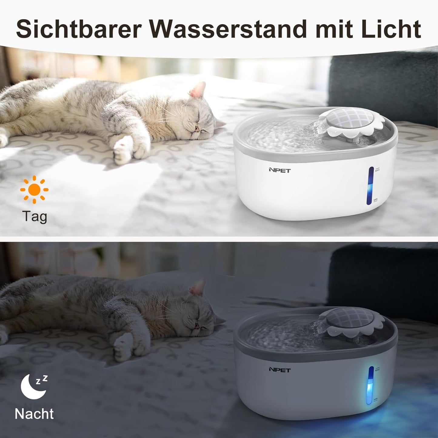 NPET Katzenbrunnen mit Sensor, 2L Trinkbrunnen für Katze mit LED-Licht, Trinkbrunnen für Katzen und Hunde mit Ultraleise Pumpe