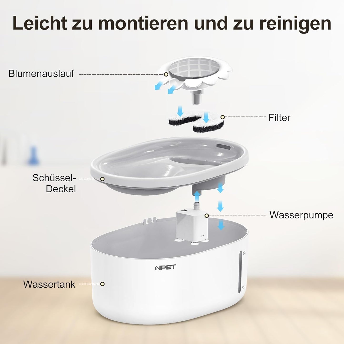 NPET Katzenbrunnen mit Sensor, 2L Trinkbrunnen für Katze mit LED-Licht, Trinkbrunnen für Katzen und Hunde mit Ultraleise Pumpe