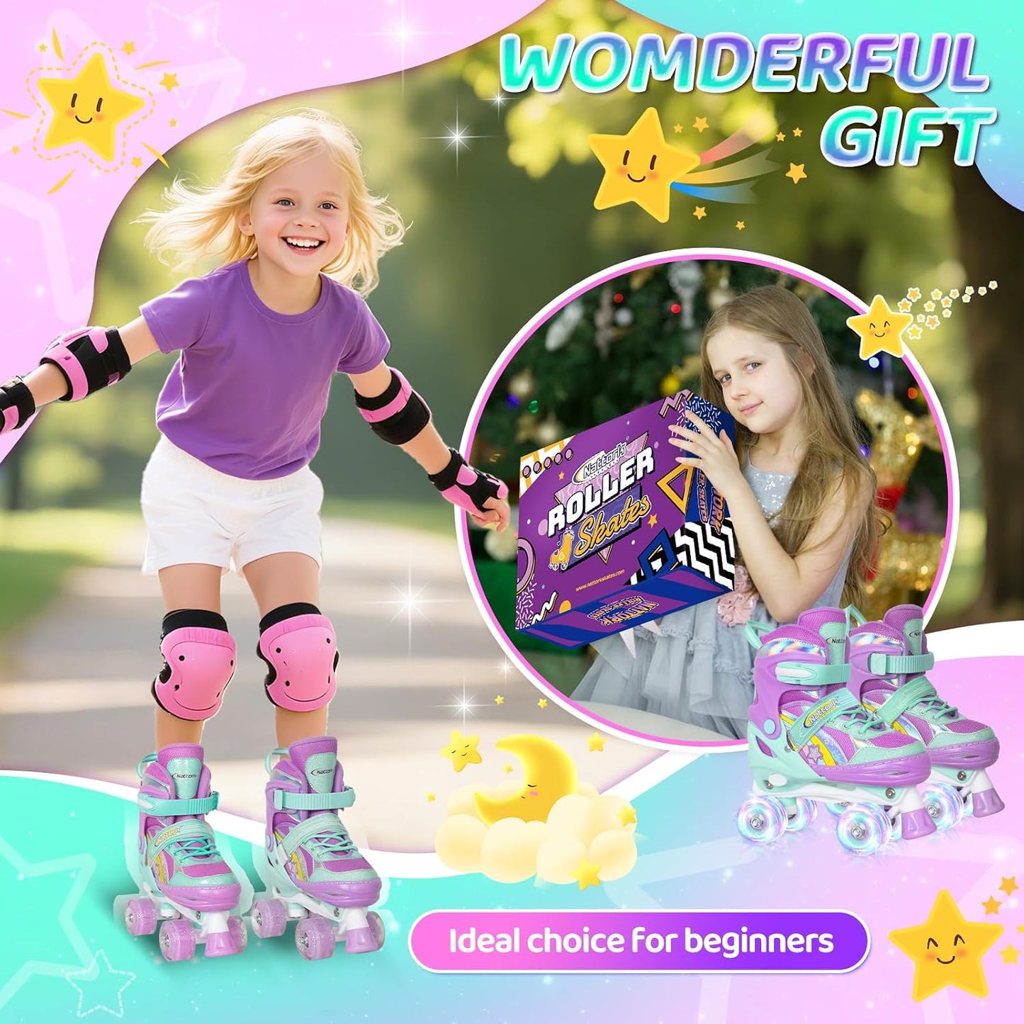 NATTORK Kinder-Rollschuhe für Mädchen, Medium(32-36 EU)4 Größenverstellbar, Regenbogen-Quad-Skates mit allen leuchtenden Rädern