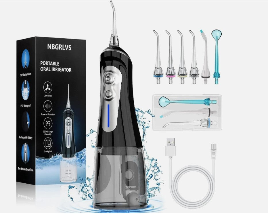 NBGRLVS Wasser-Zahnseide, kabellos Munddusche mit 6 einstellbaren Modi, 320 ml (schwarz)