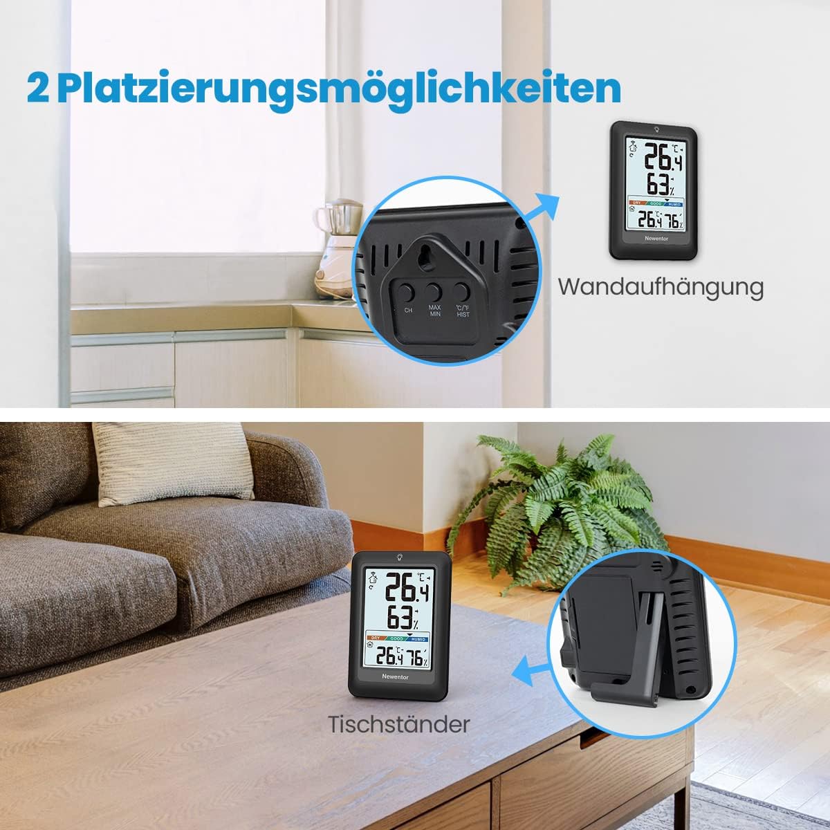 Newentor Thermometer innen außen 24/48 Std 2 Außensensoren.Schwarz