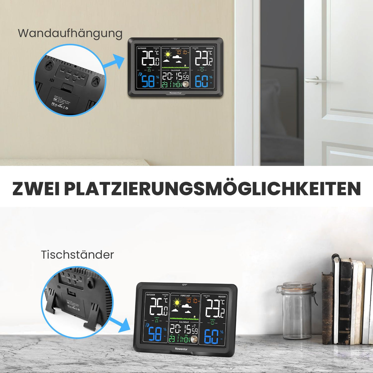Newentor Wetterstation Funk mit Außensensor, Schwarz, 1 Außensensor