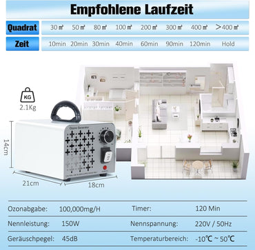 2 In 1 Ozongenerator 100,000mg/H, Ozongerät Negativ Ionen Luftreiniger O3 Ozonisator