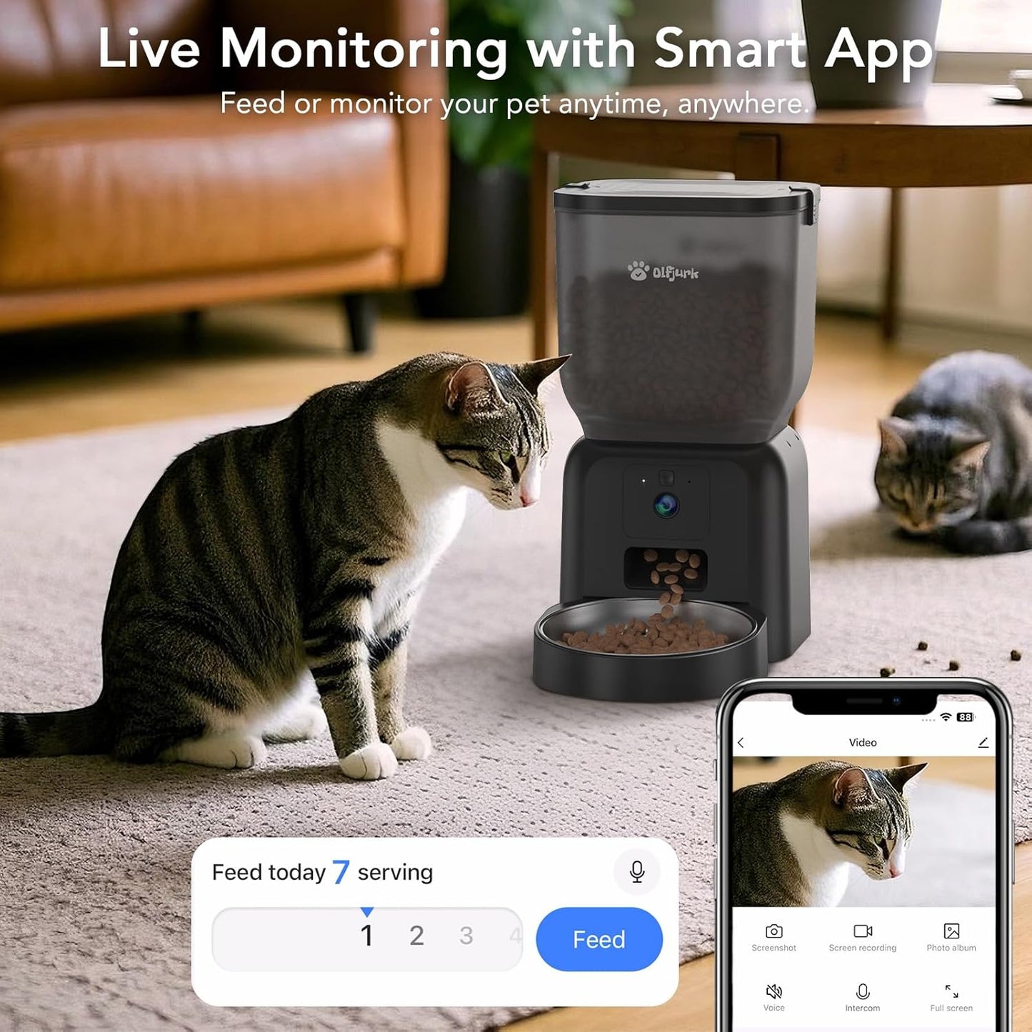 Olfjurk Smart Automatischer Futterautomat Spender für Haustier Katze/Hund 4L