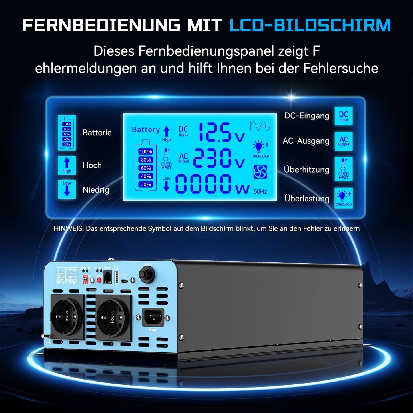 OLTEANP 2500W Wechselrichter12V auf 230V Reiner Sinus,Spannungswandler