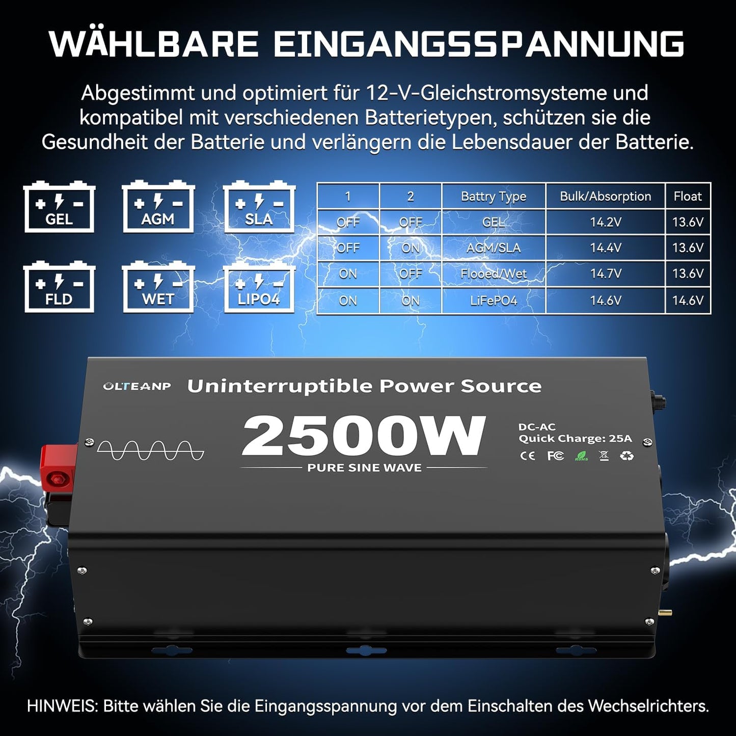 OLTEANP 2500W Wechselrichter12V auf 230V Reiner Sinus,Spannungswandler