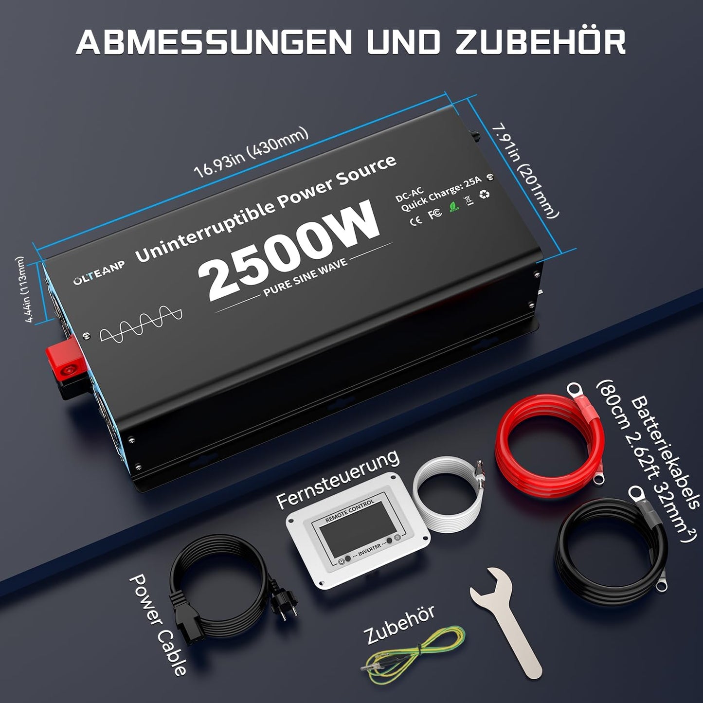 OLTEANP 2500W Wechselrichter12V auf 230V Reiner Sinus,Spannungswandler