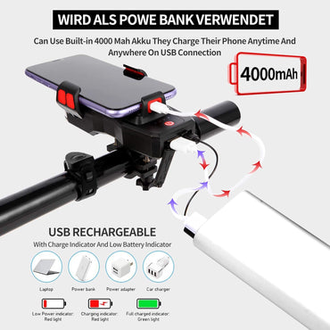 OSHINEW 4-in-1-Handyhalterung Fahrrad mit Taschenlampe/Hupe/Powerbank, réglable Lenker-Handyhalter pour 4-6,3-Zoll-smartphones