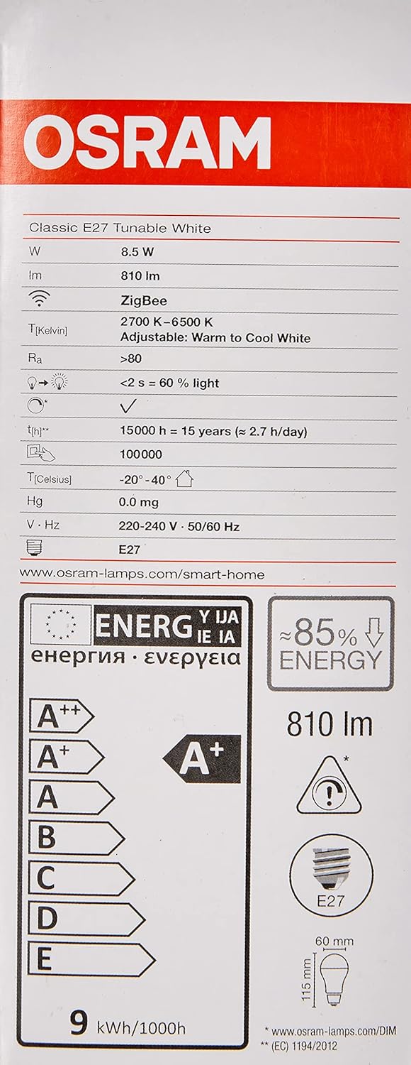 2 Stück OSRAM SMART+ Classic A60 Tunable White 8,5W 827-865 Dim E27 ZigBee A+