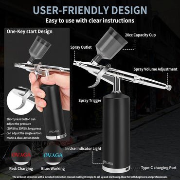 Ovaga Airbrush-Kit, wiederaufladbar, kabellos, Airbrush-Kompressor,Airbrush-Set, tragbar, kabellos,