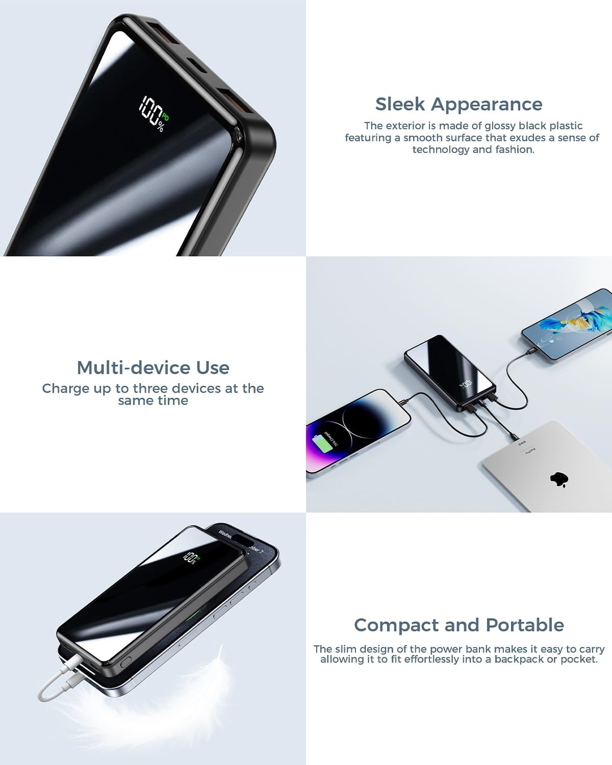 Power Bank, 20000mAh Powerbank 22,5W (USB-C Input & Output), PD 3.0 mit Taschenlampe