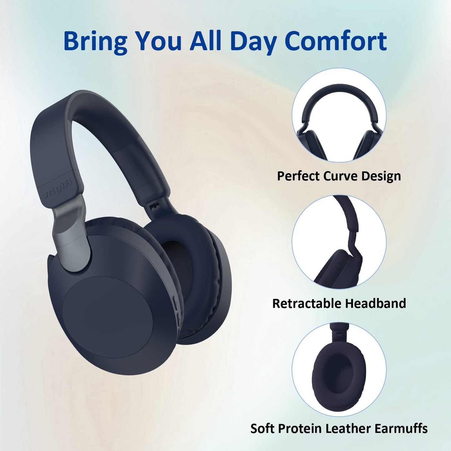 PARCHY Bluetooth-Kopfhörer Over-Ear, kabellos V5.3, Ohrhörer aus weißem Proteinleder, Headset mit Mikrofon (Tiefblau)