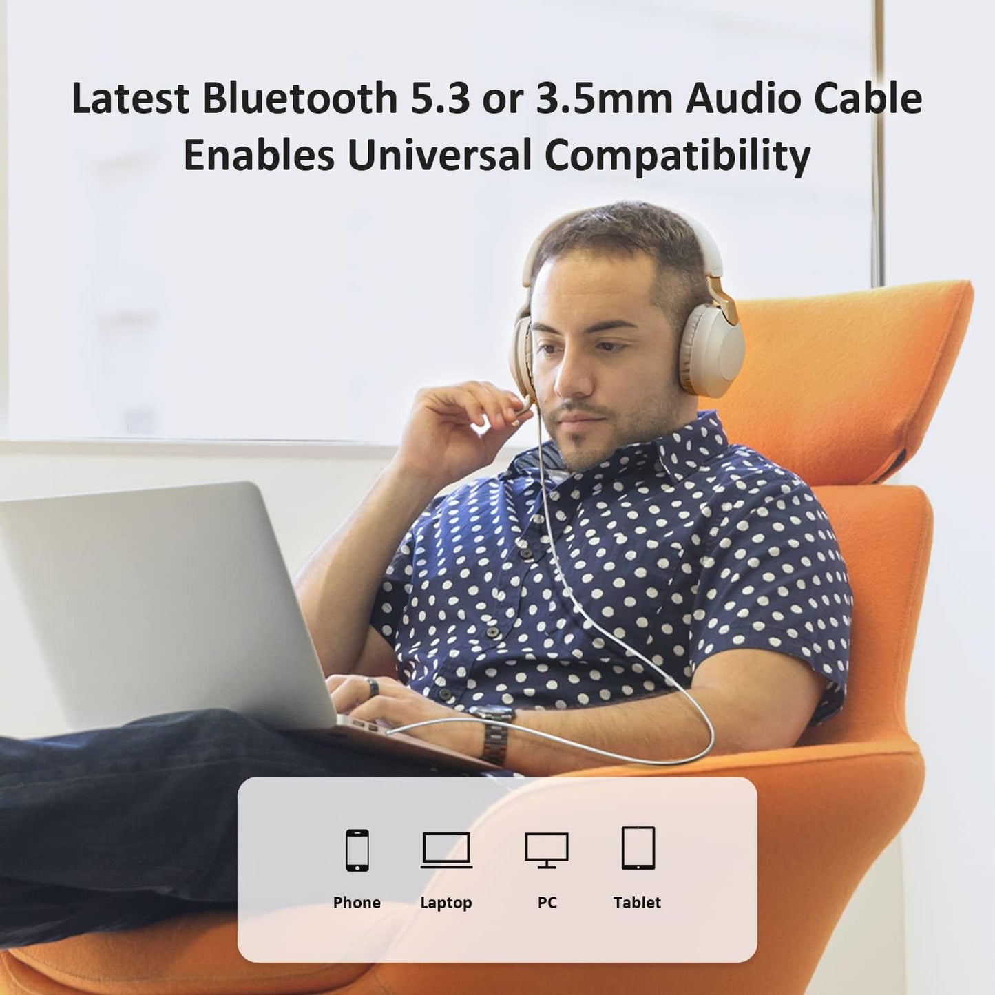 PARCHY Bluetooth-Kopfhörer Over-Ear, kabellos V5.3, Ohrhörer aus weißem Proteinleder, Headset mit Mikrofon (Tiefblau)
