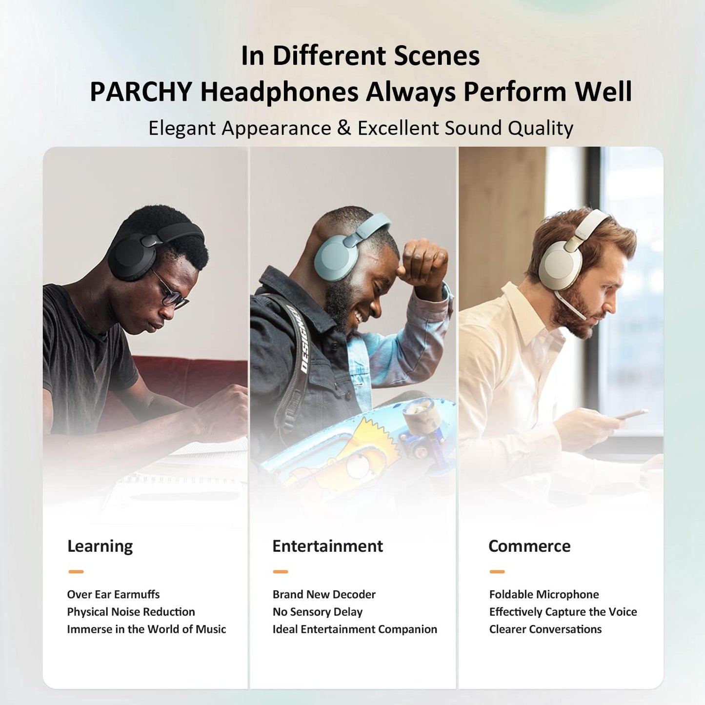 PARCHY Bluetooth-Kopfhörer Over-Ear, kabellos V5.3, Ohrhörer aus weißem Proteinleder, Headset mit Mikrofon (Tiefblau)