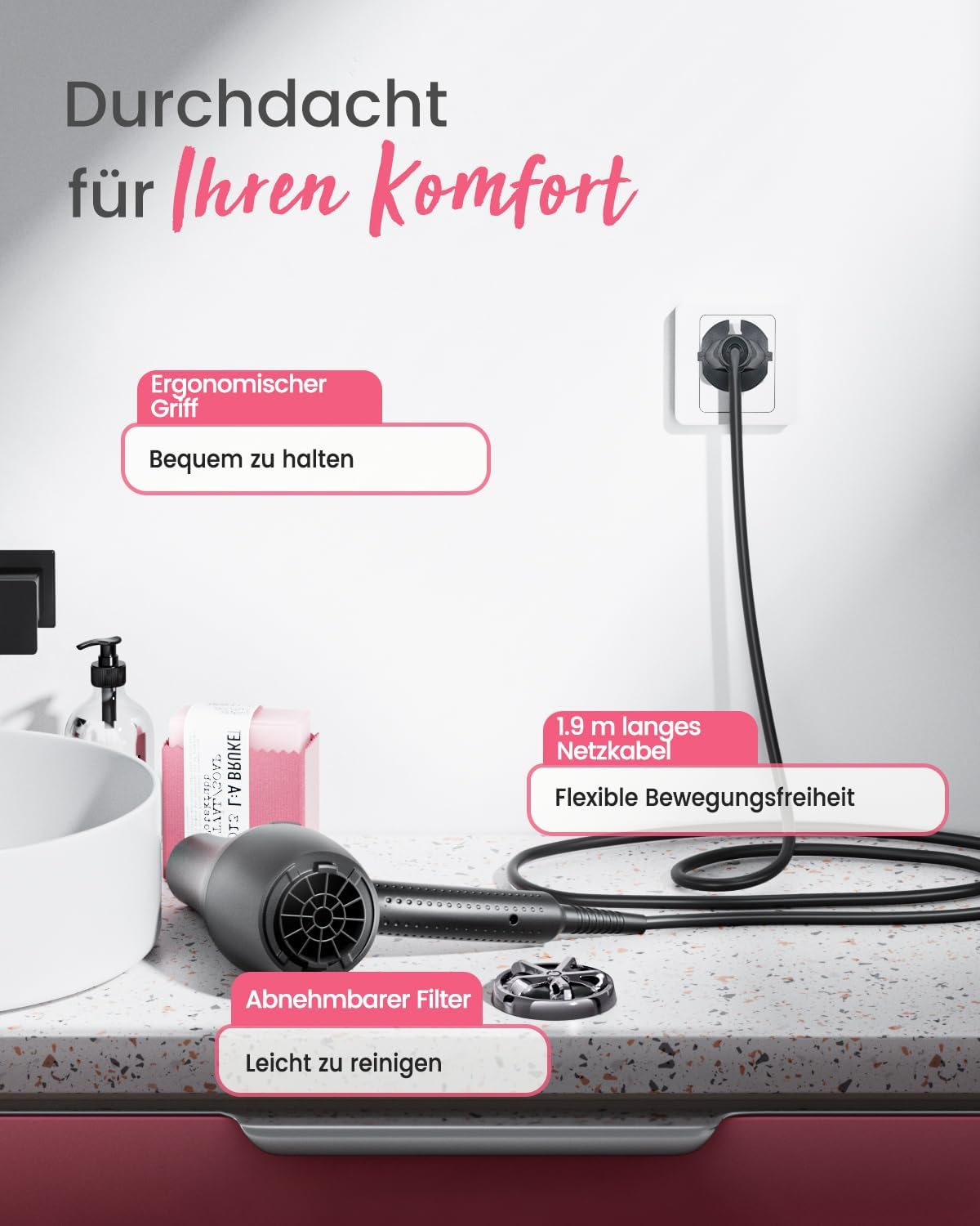 Professional Föhn Ionen Haartrockner Hair Dryer mit 1 Diffusor 2 Stylingdüse, 3 Heiz und 2 Geschwindigkeitsstufen, (Schwarz)
