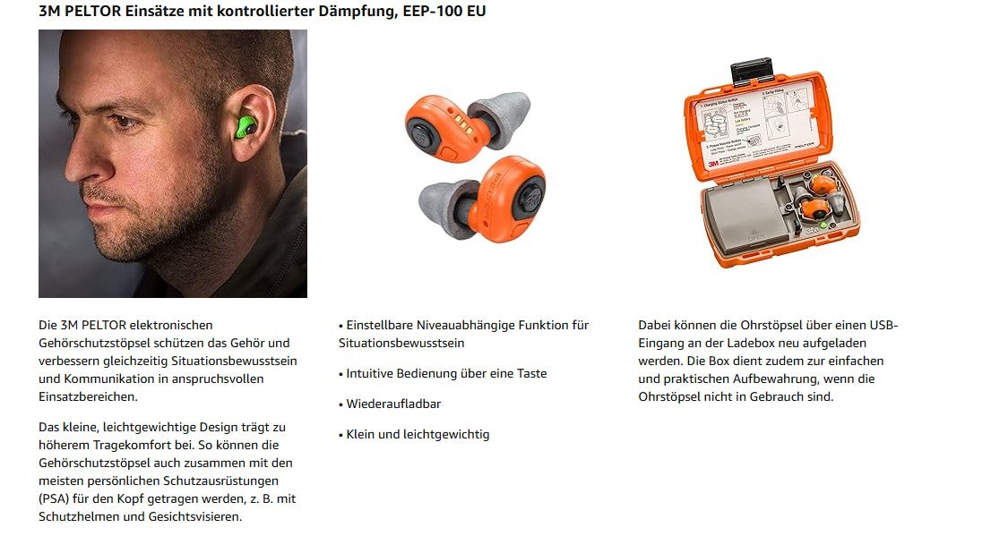 3M Peltor Elektronischer Ohrstöpsel EEP-100 EU In-Ear Gehörschutz Orange