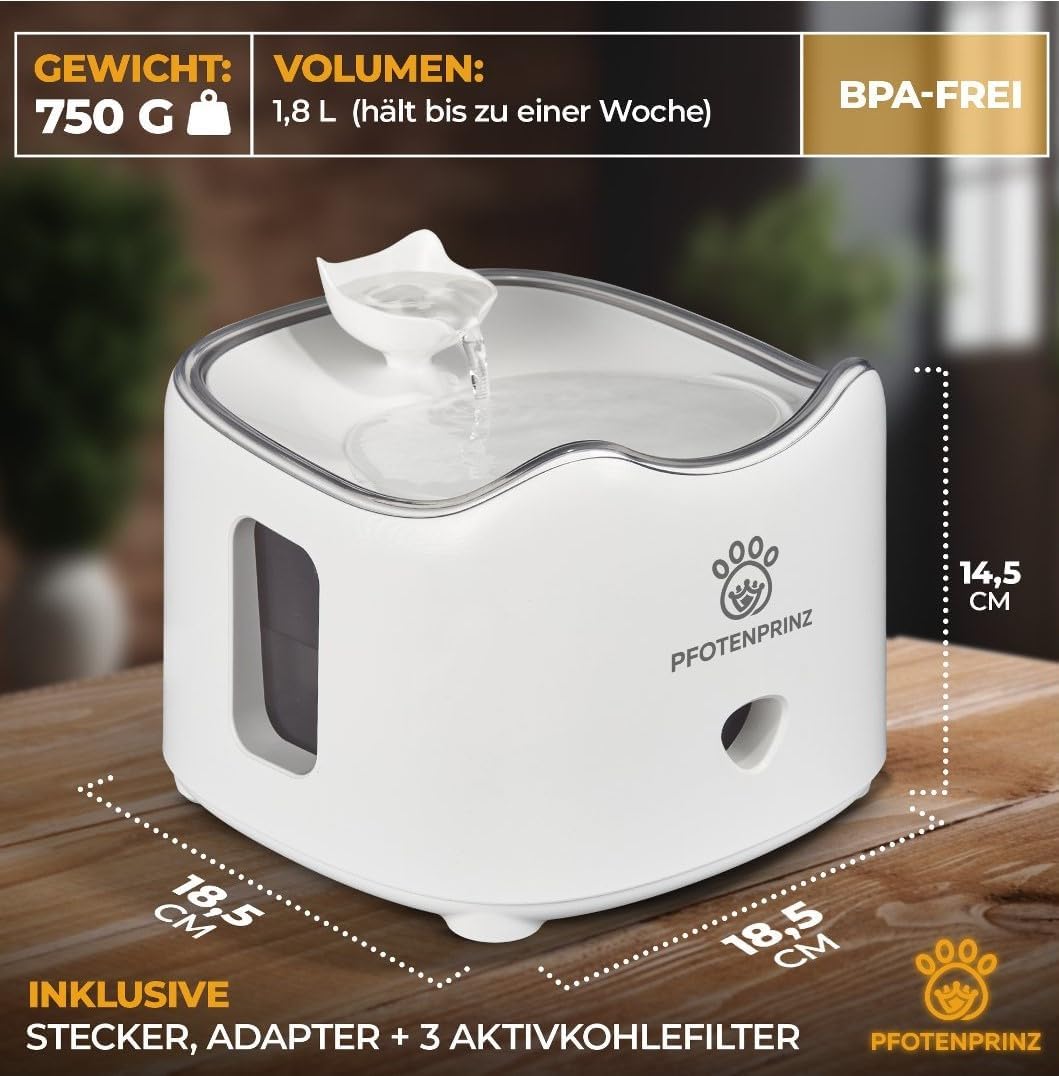 Pfotenprinz Katzenbrunnen Extra Leise & Ergonomischer 1.8L Trinkbrunnen