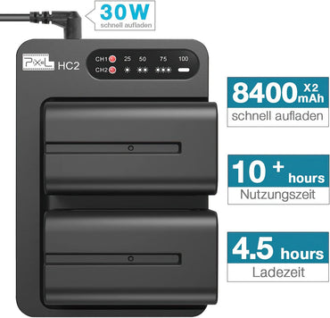 2X NP F970 Pixel Kamera-Akku Ladeset 8400mAh pour NP F970, F750, F770, F960, F550, F530, F330, F570, CCD-SC55, TR516, TR716, TR818, TR910, TR917 usw. pour Blitzgeräte Videoleuchten Fieldmonitore