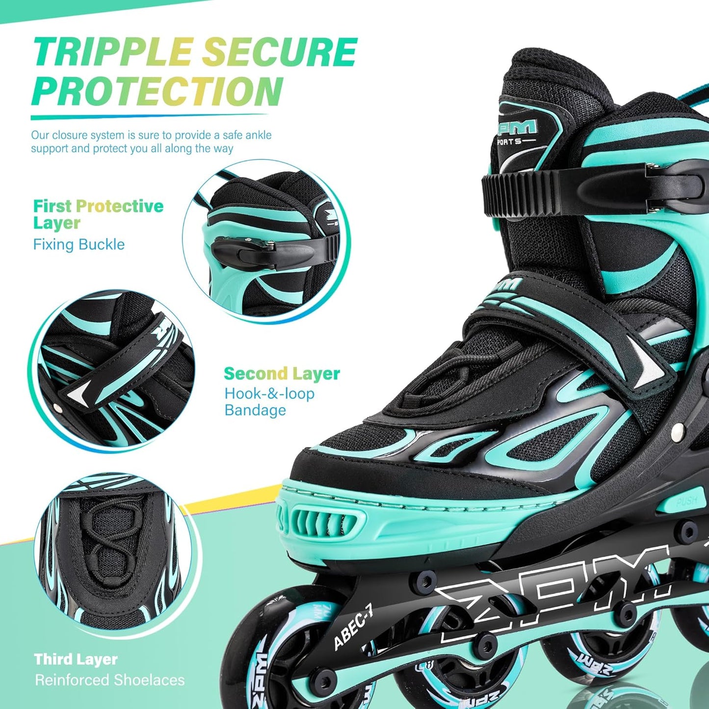 2PM SPORTS Verstellbare Inline-Skates Rollschuhe für Kinder Grün Größe: Large(EU 37-40)