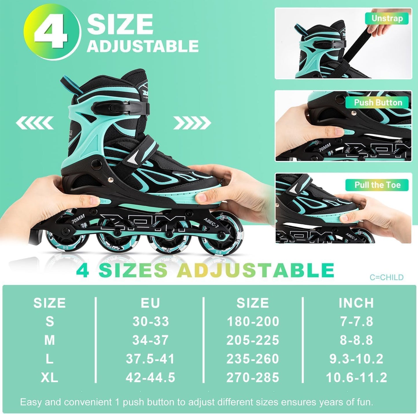 2PM SPORTS Verstellbare Inline-Skates Grün Größe: Small(EU 30-33)