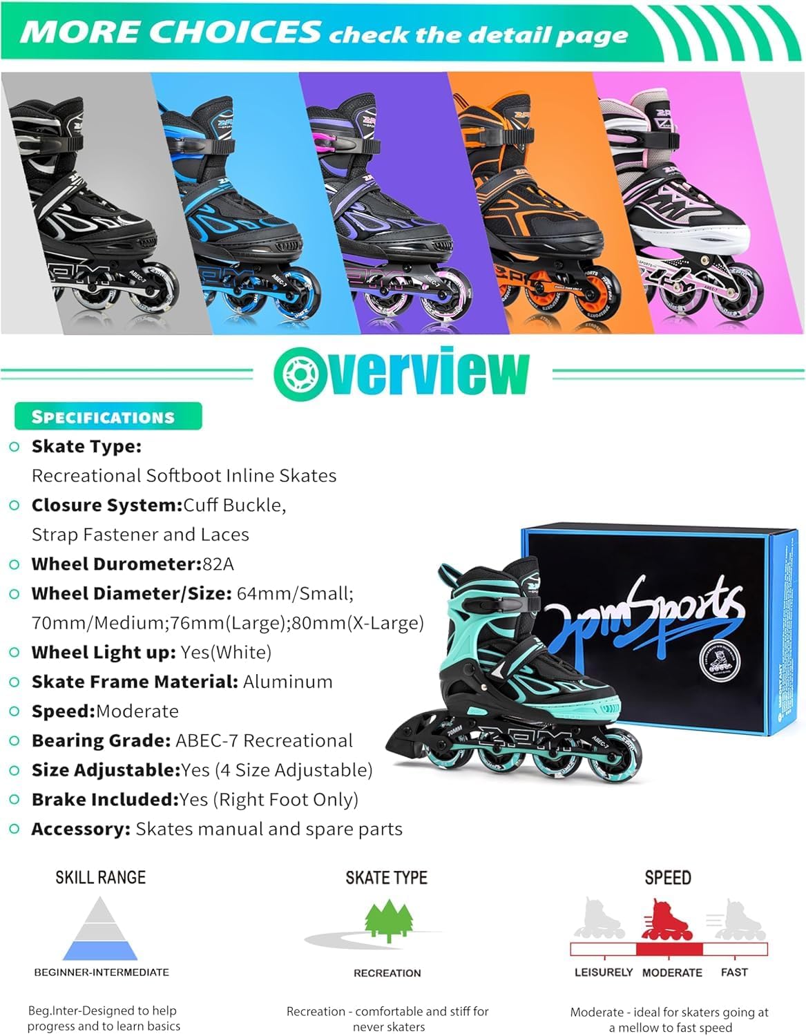 2PM SPORTS Verstellbare Inline-Skates Grün Größe: Small(EU 30-33)