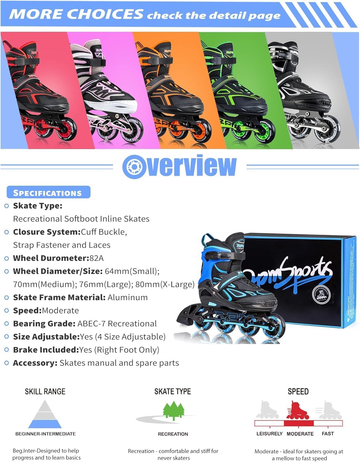2PM SPORTS Verstellbar Inliner für Kinder, Leucht Inline Skates Rollschuhe für Damen/Herren Blau Medium