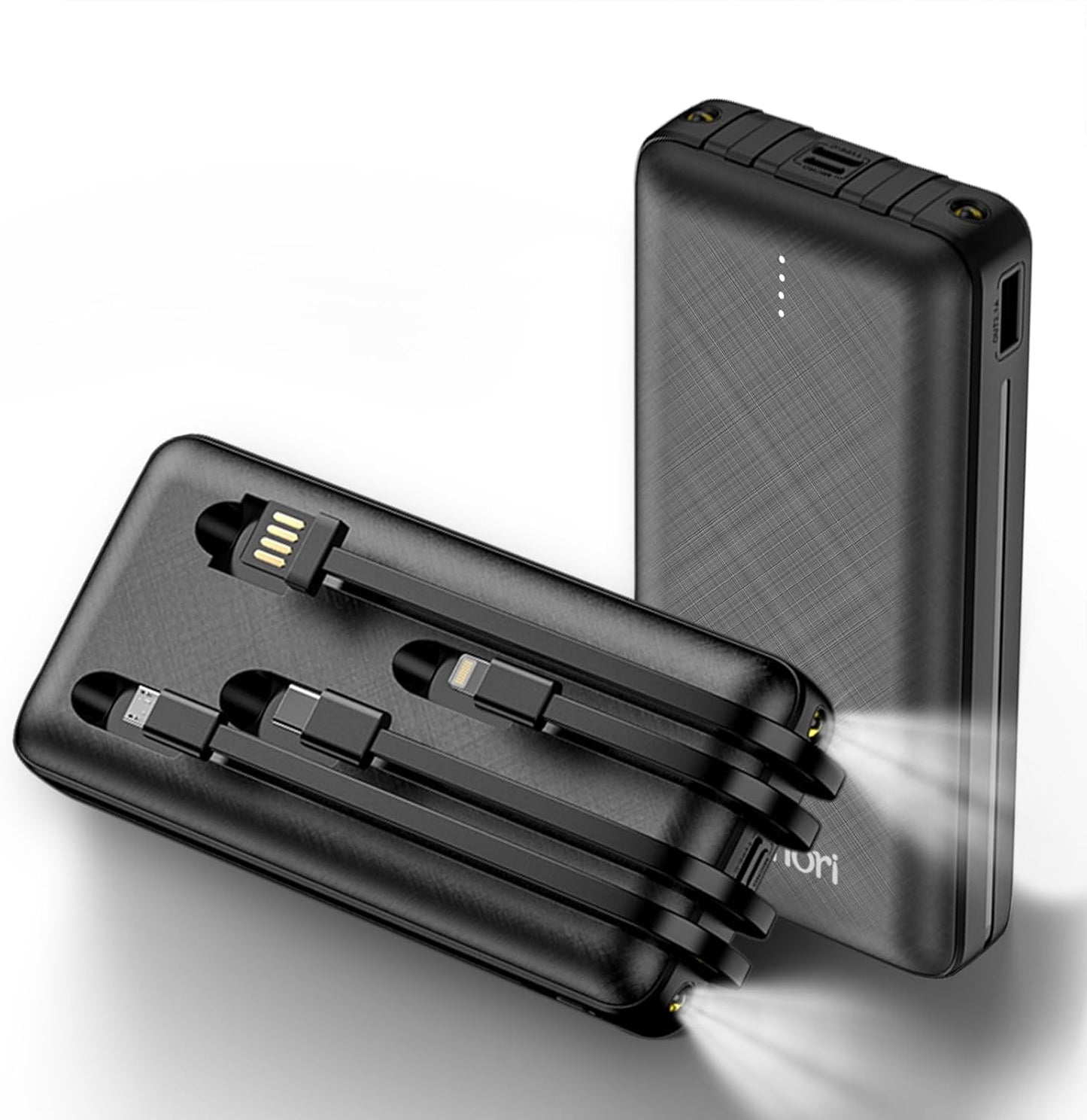 20000 mAh Power Bank 4 Ausgänge 3 Eingänge,Tragbares Ladegerät mit eingebauten Kabeln