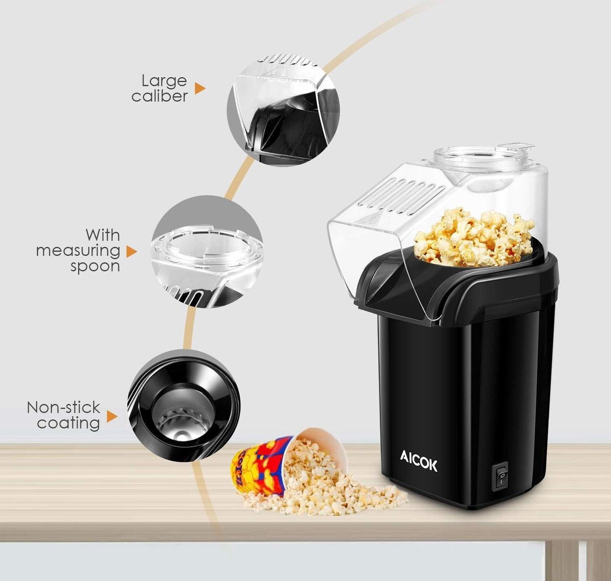 Aicok Popcornmaschine 1200 W. Mit abnehmbarem Messbecher. Abnehmbarer Deckel