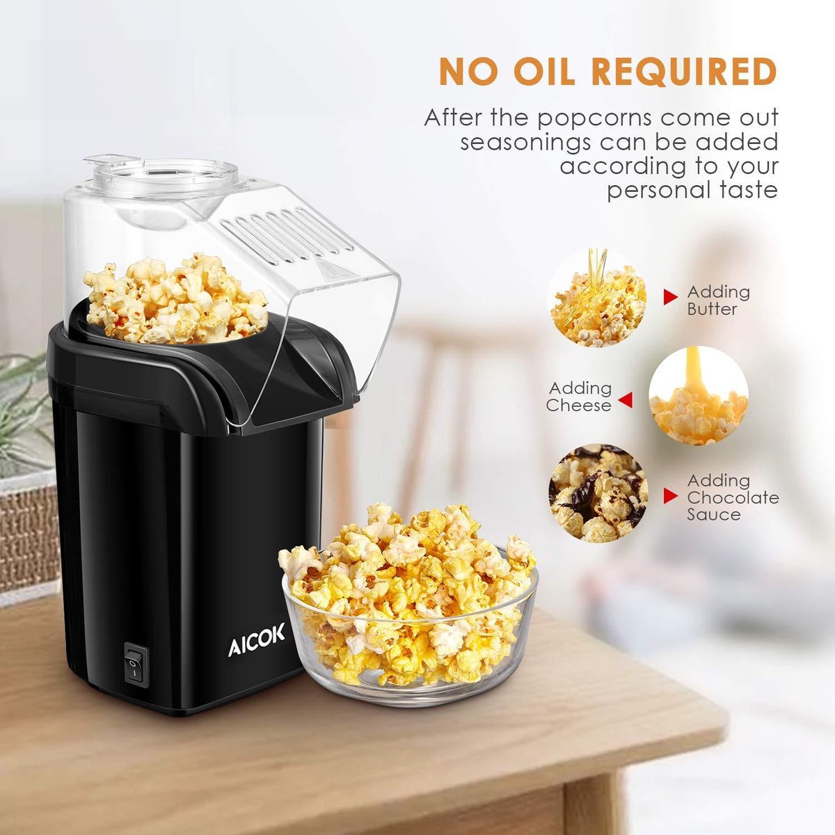 Aicok Popcornmaschine 1200 W. Mit abnehmbarem Messbecher. Abnehmbarer Deckel