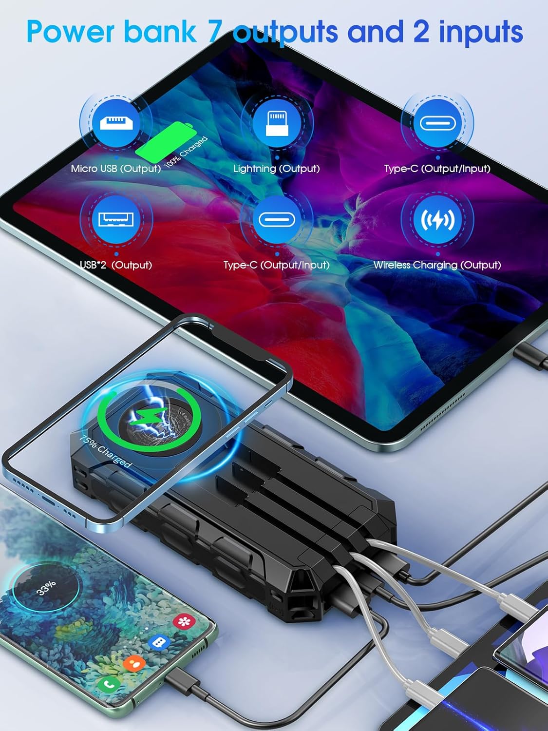 Powerbank 50000 mAh, , 7 Ausgänge/2 Eingänge, Solarbatterie mit Taschenlampe