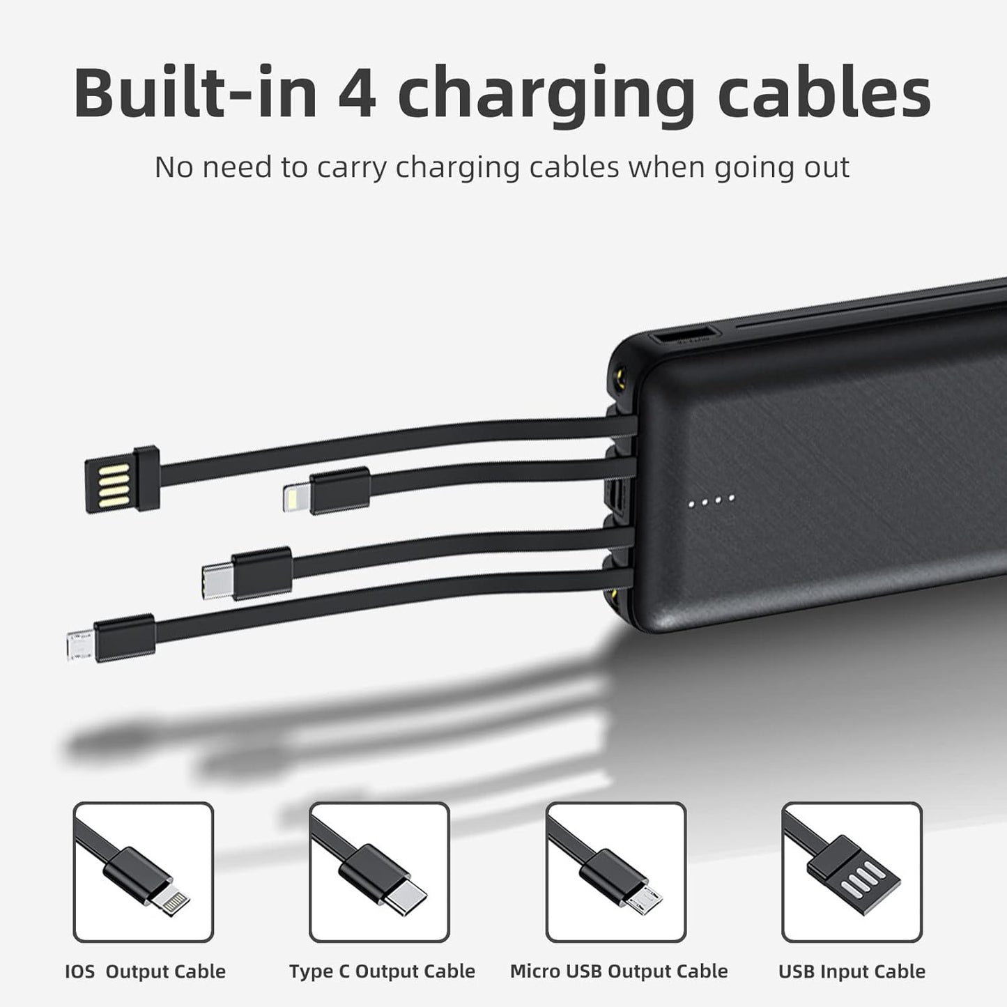 20000 mAh Power Bank 4 Ausgänge 3 Eingänge,Tragbares Ladegerät mit eingebauten Kabeln