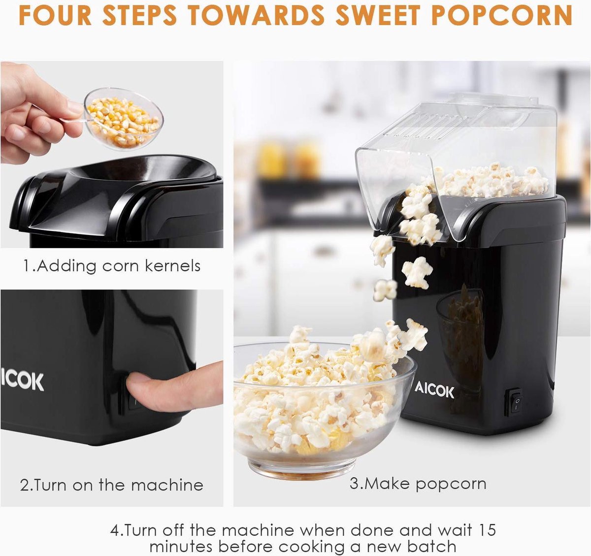Aicok Popcornmaschine 1200 W. Mit abnehmbarem Messbecher. Abnehmbarer Deckel
