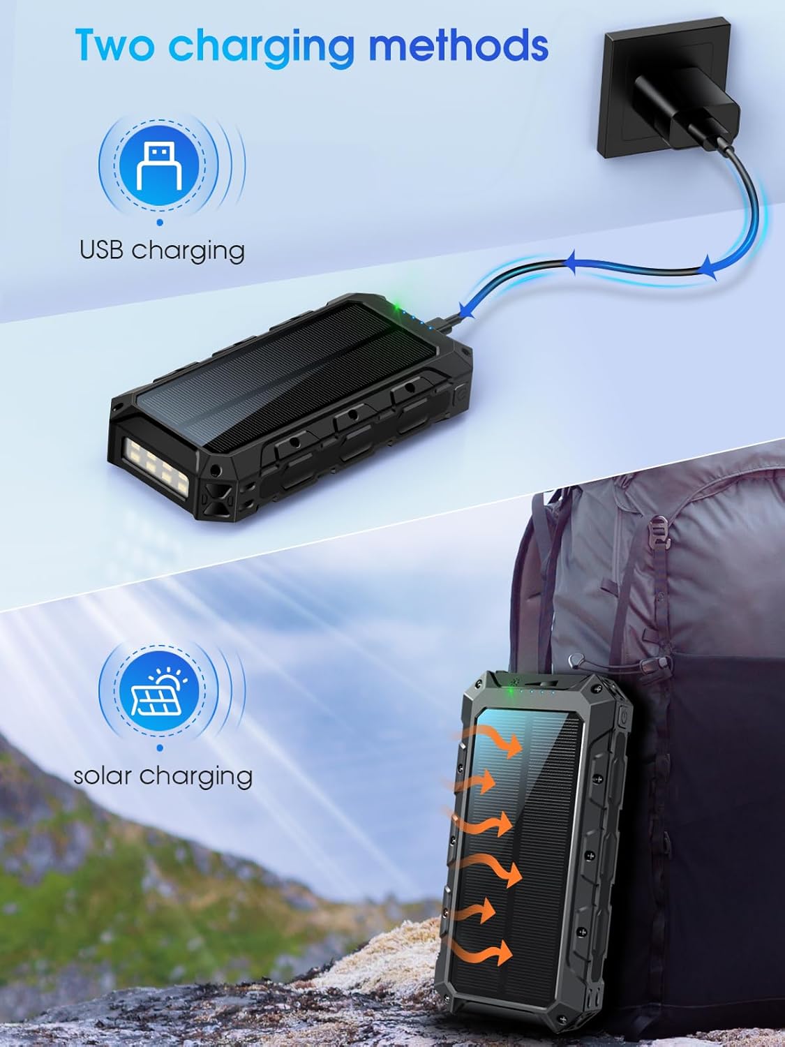 Powerbank 50000 mAh, , 7 Ausgänge/2 Eingänge, Solarbatterie mit Taschenlampe